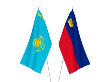 Beyaz arka planda Kazakistan ve Lihtenştayn 'ın ulusal kumaş bayrakları izole edildi. 3d resimleme.