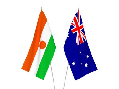 Avustralya 'nın ulusal kumaş bayrakları ve Nijer Cumhuriyeti beyaz arka planda izole edildi. 3d resimleme.