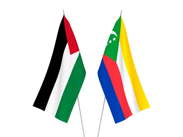 Bandiere Nazionali Tessuto Palestina Unione Delle Comore Isolate Sfondo Bianco — Foto Stock