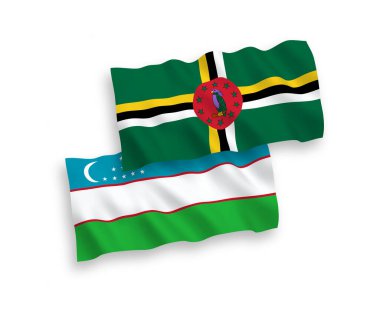 Beyaz arka planda Dominika ve Özbekistan 'ın ulusal taşıyıcı kumaş bayrakları izole edildi. 1 'e 2 oranında.