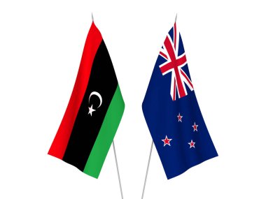 Libya ve Yeni Zelanda 'nın ulusal kumaş bayrakları beyaz arka planda izole edildi. 3d resimleme.