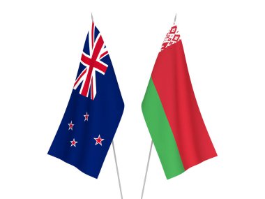 Beyaz arka planda Beyaz Rusya ve Yeni Zelanda 'nın ulusal kumaş bayrakları izole edildi. 3d resimleme.