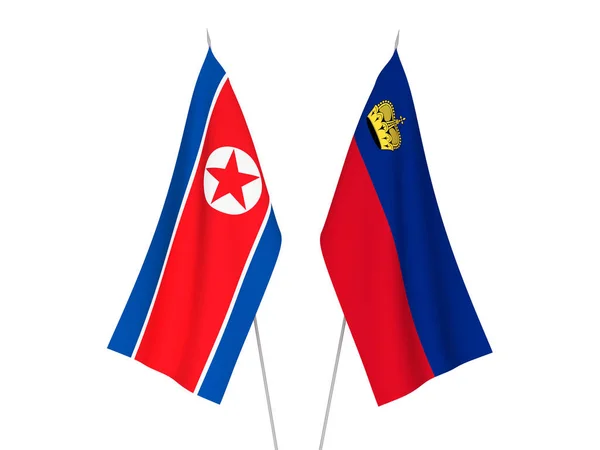 Bandeiras Tecido Nacional Liechtenstein Coreia Norte Isoladas Fundo Branco Ilustração — Fotografia de Stock