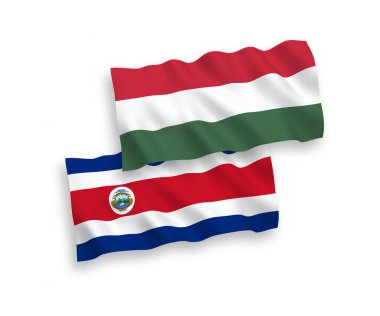 Beyaz arka planda Kosta Rika ve Macaristan Cumhuriyeti 'nin ulusal taşıyıcı kumaş bayrakları izole edildi. 1 'e 2 oranında.