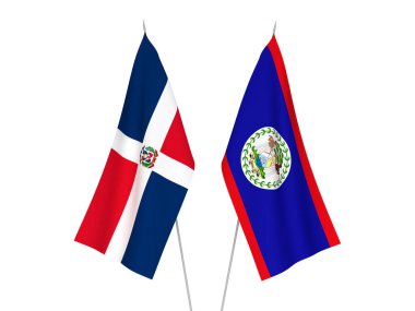 Beyaz arka planda Dominik Cumhuriyeti ve Belize 'nin ulusal kumaş bayrakları izole edildi. 3d resimleme.