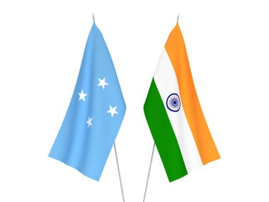 Hindistan 'ın ulusal kumaş bayrakları ve Mikronezya Birleşik Devletleri beyaz arka planda izole edildi. 3d resimleme.