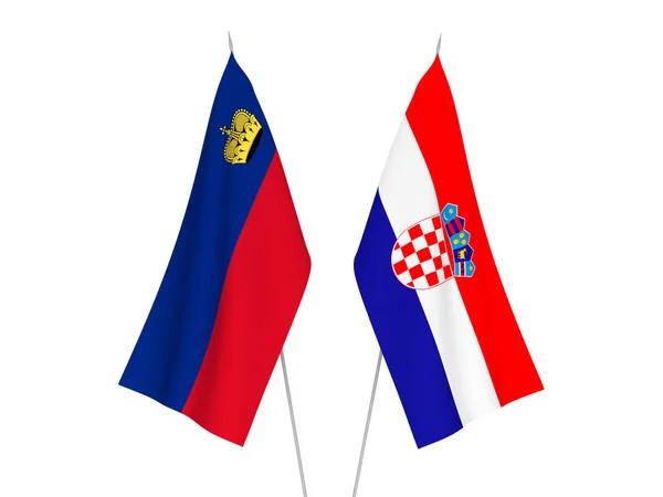 Bandeiras Tecido Nacional Croácia Liechtenstein Isoladas Fundo Branco Ilustração Renderização — Fotografia de Stock