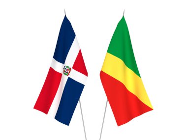 Beyaz arka planda Dominik Cumhuriyeti ve Kongo Cumhuriyeti 'nin ulusal kumaş bayrakları izole edildi. 3d resimleme.