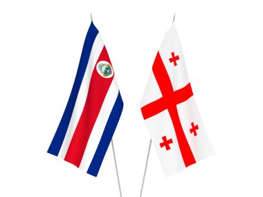 Beyaz arka planda Gürcistan ve Kosta Rika Cumhuriyeti 'nin ulusal kumaş bayrakları izole edildi. 3d resimleme.