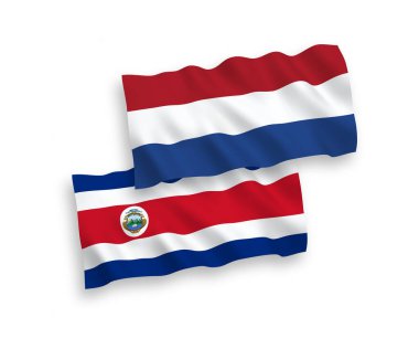 Kosta Rika Cumhuriyeti ve Hollanda 'nın ulusal taşıyıcı kumaş bayrakları beyaz arka planda izole edilmiştir. 1 'e 2 oranında.