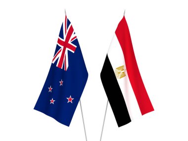 Mısır ve Yeni Zelanda 'nın ulusal kumaş bayrakları beyaz arka planda izole edildi. 3d resimleme.