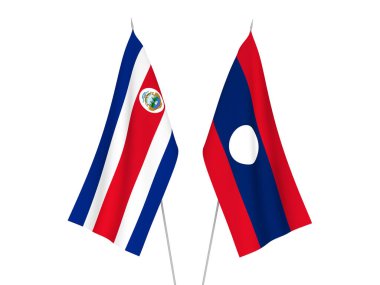 Beyaz arka planda, Laos ve Kosta Rika Cumhuriyeti 'nin ulusal kumaş bayrakları izole edildi. 3d resimleme.