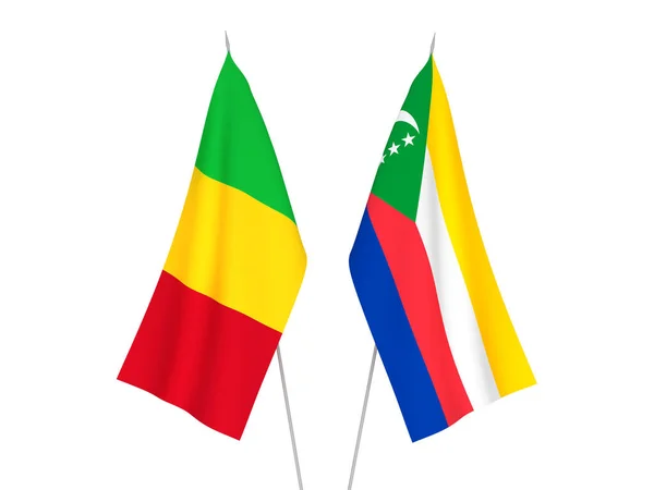 Bandeiras Tecido Nacional Mali União Das Comores Isoladas Sobre Fundo — Fotografia de Stock