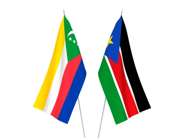 Güney Sudan Cumhuriyeti Nin Ulusal Kumaş Bayrakları Komoros Birliği Beyaz — Stok fotoğraf