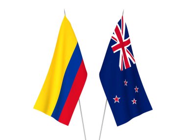 Beyaz arka planda Kolombiya ve Yeni Zelanda 'nın ulusal kumaş bayrakları izole edildi. 3d resimleme.