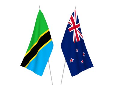 Beyaz arka planda Tanzanya ve Yeni Zelanda 'nın ulusal kumaş bayrakları izole edildi. 3d resimleme.