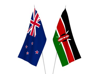 Kenya ve Yeni Zelanda 'nın ulusal kumaş bayrakları beyaz arka planda izole edildi. 3d resimleme.