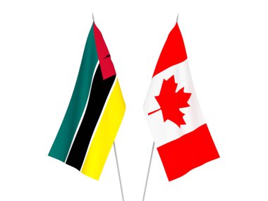 Mozambik ve Kanada Cumhuriyeti 'nin ulusal kumaş bayrakları beyaz arka planda izole edilmiştir. 3d resimleme.