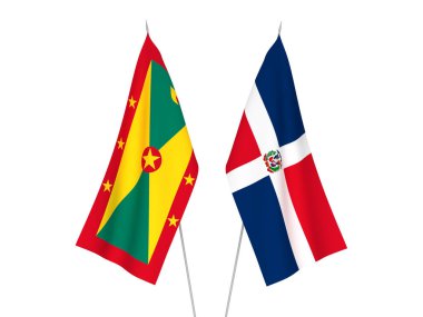 Beyaz arka planda Dominik Cumhuriyeti ve Grenada 'nın ulusal kumaş bayrakları izole edildi. 3d resimleme.