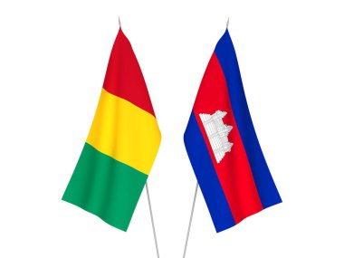 Beyaz arka planda Gine ve Kamboçya Krallığı 'nın ulusal kumaş bayrakları izole edildi. 3d resimleme.