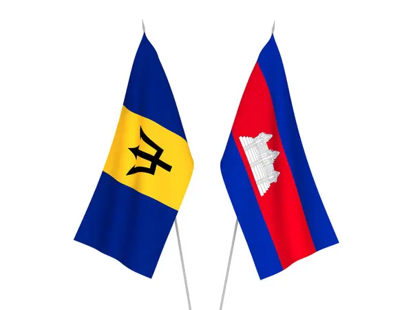 Barbados en Koninkrijk Cambodja vlaggen — Stockfoto