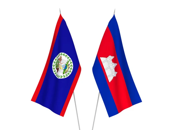 Bandeiras Tecido Nacional Reino Camboja Belize Isoladas Fundo Branco Ilustração — Fotografia de Stock