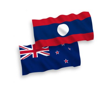 Beyaz arka planda Yeni Zelanda ve Laos 'un ulusal taşıyıcı kumaş bayrakları izole edildi. 1 'e 2 oranında.