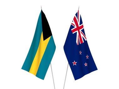 Bahamalar Eyaleti ve Yeni Zelanda 'nın ulusal kumaş bayrakları beyaz arka planda izole edildi. 3d resimleme.