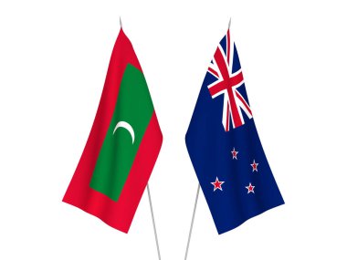 Beyaz arka planda Maldivler ve Yeni Zelanda 'nın ulusal kumaş bayrakları izole edildi. 3d resimleme.