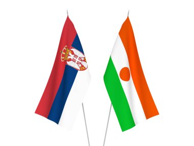 Sırbistan ve Nijer Cumhuriyeti 'nin ulusal kumaş bayrakları beyaz arka planda izole edildi. 3d resimleme.