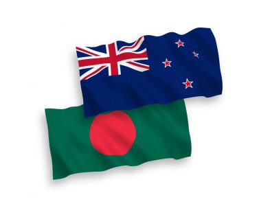 Beyaz arka planda Yeni Zelanda ve Bangladeş 'in ulusal taşıyıcı kumaş bayrakları izole edildi. 1 'e 2 oranında.