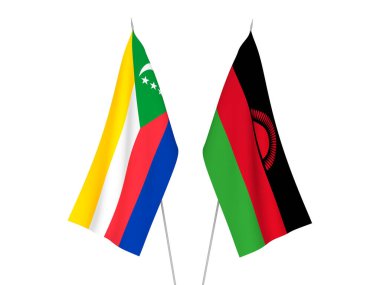 Beyaz arka planda Comoros ve Malawi Birliği bayrakları izole edildi. 3d resimleme.