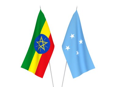 Etiyopya 'nın ulusal kumaş bayrakları ve Mikronezya Birleşik Devletleri beyaz arka planda izole edildi. 3d resimleme.