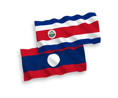 Kosta Rika Cumhuriyeti ve Laos 'un ulusal taşıyıcı kumaş bayrakları beyaz arka planda izole edildi. 1 'e 2 oranında.