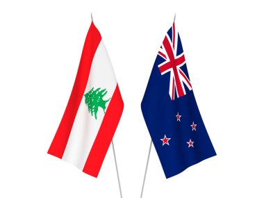 Beyaz arka planda Lübnan ve Yeni Zelanda 'nın ulusal kumaş bayrakları izole edildi. 3d resimleme.