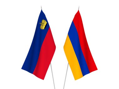 Beyaz arka planda Ermenistan ve Lihtenştayn 'ın ulusal kumaş bayrakları izole edildi. 3d resimleme.