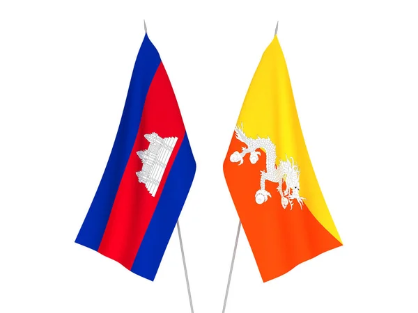 Banderas Nacionales Tela Del Reino Camboya Del Reino Bután Aisladas —  Fotos de Stock