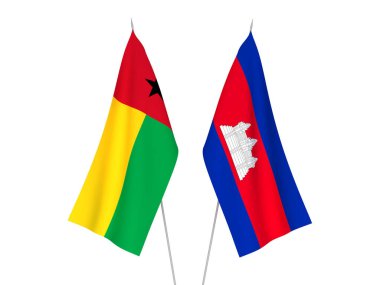 Beyaz arka planda Kamboçya Krallığı ve Gine Bissau Cumhuriyeti 'nin ulusal kumaş bayrakları izole edildi. 3d resimleme.