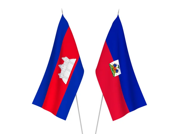 Bandeiras Tecido Nacional Reino Camboja República Haiti Isoladas Fundo Branco — Fotografia de Stock
