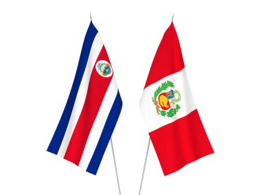 Beyaz arka planda Peru ve Kosta Rika Cumhuriyeti 'nin ulusal kumaş bayrakları izole edildi. 3d resimleme.