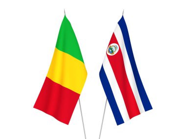 Beyaz arka planda Mali ve Kosta Rika Cumhuriyeti 'nin ulusal kumaş bayrakları izole edildi. 3d resimleme.