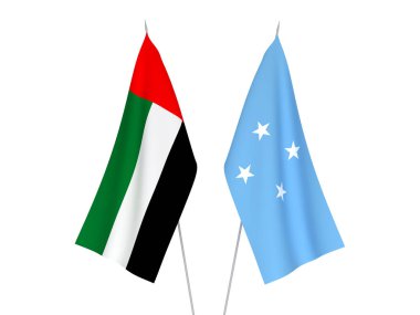 Beyaz arka planda Birleşik Arap Emirlikleri ve Mikronezya Federal Devletleri 'nin ulusal kumaş bayrakları izole edildi. 3d resimleme.