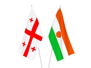 Beyaz arka planda Gürcistan ve Nijer Cumhuriyeti 'nin ulusal kumaş bayrakları izole edildi. 3d resimleme.