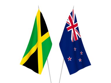 Jamaika ve Yeni Zelanda 'nın ulusal kumaş bayrakları beyaz arka planda izole edildi. 3d resimleme.