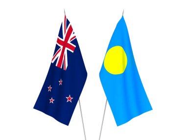 Beyaz arka planda Palau ve Yeni Zelanda 'nın ulusal kumaş bayrakları izole edildi. 3d resimleme.