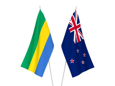 Gabon ve Yeni Zelanda 'nın ulusal kumaş bayrakları beyaz arka planda izole edildi. 3d resimleme.