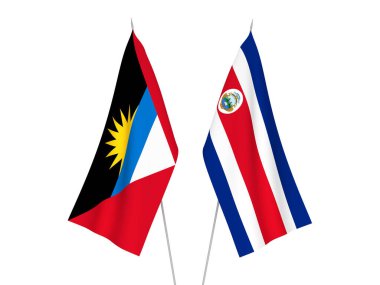 Beyaz arka planda Antigua, Barbuda ve Kosta Rika Cumhuriyeti 'nin ulusal kumaş bayrakları izole edildi. 3d resimleme.