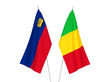 Beyaz arka planda Mali ve Lihtenştayn 'ın ulusal kumaş bayrakları izole edildi. 3d resimleme.