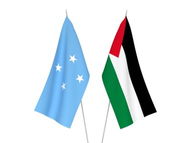 Beyaz arka planda, Filistin ve Mikronezya Birleşik Devletleri 'nin ulusal kumaş bayrakları izole edildi. 3d resimleme.