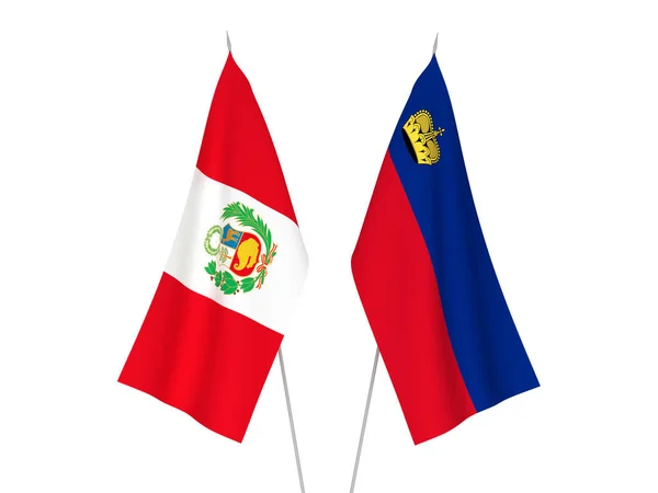 Nationale Stoffen Vlaggen Van Peru Liechtenstein Geïsoleerd Witte Achtergrond Weergave — Stockfoto